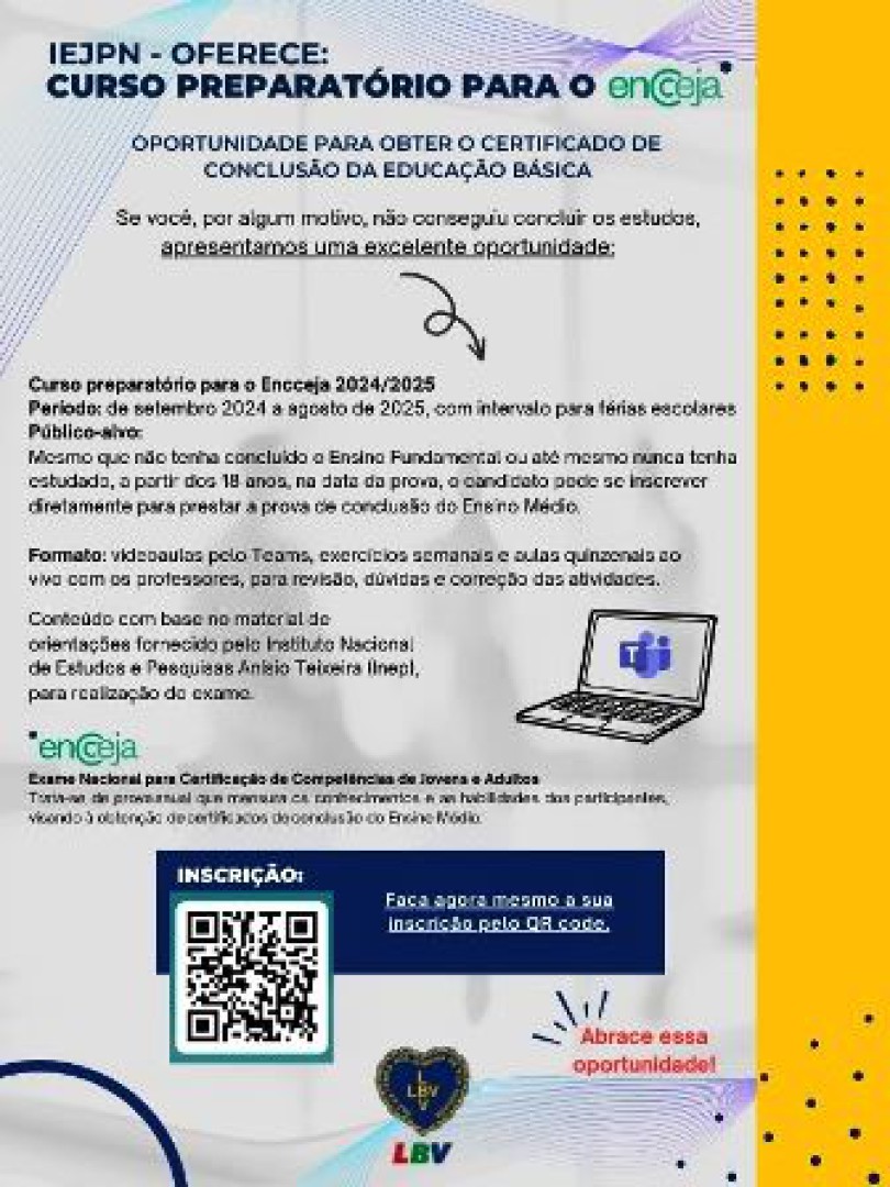 ESCOLA OFERECE GRATUITAMENTE O CURSO PREPARATÓRIO PARA O ENCCEJA
