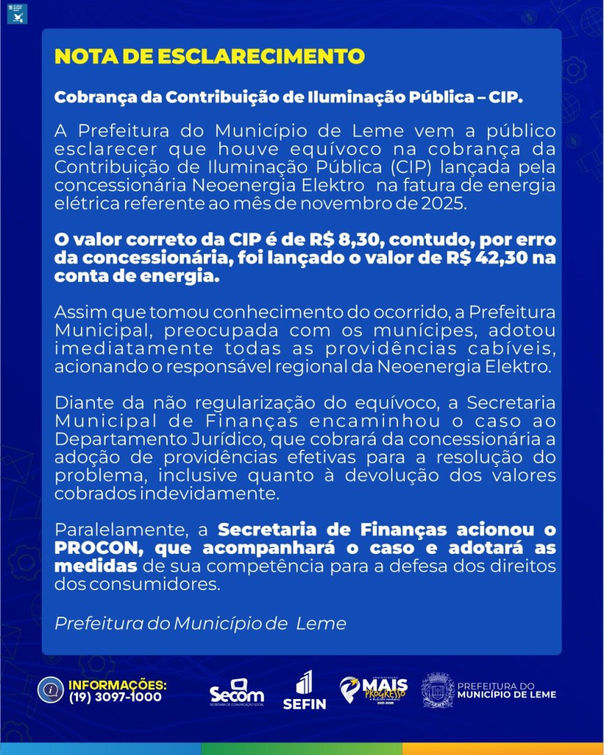 NOTA DE ESCLARECIMENTO SOBRE A COBRANÇA DA CIP