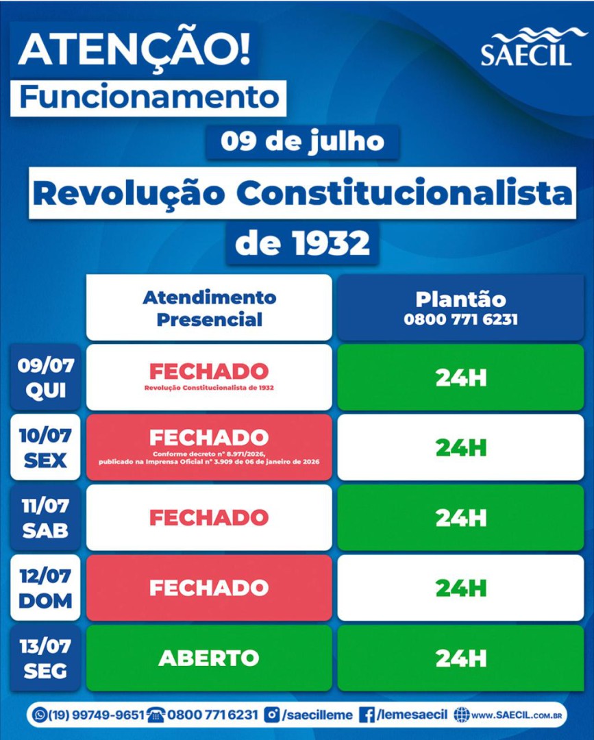 ATENÇÃO AO FUNCIONAMENTO DA SAECIL DEVIDO AO FERIADO DE 09 DE JULHO
