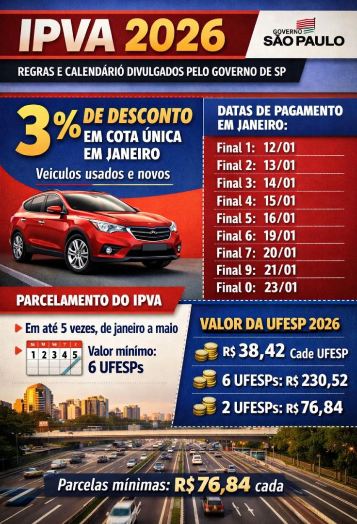 GOVERNO DE SP PUBLICA CRONOGRAMA E REGRAS DO IPVA 2026 COM DESCONTO DE 3% PARA PAGAMENTO À VISTA