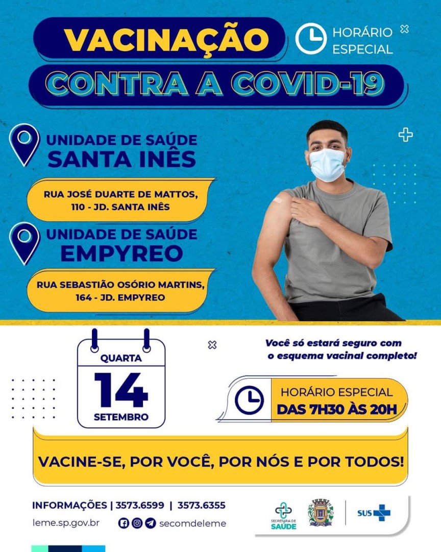 VACINAÇÃO COVID-19 – Horário estendido para vacinação na quarta feira, dia 14 de setembro.