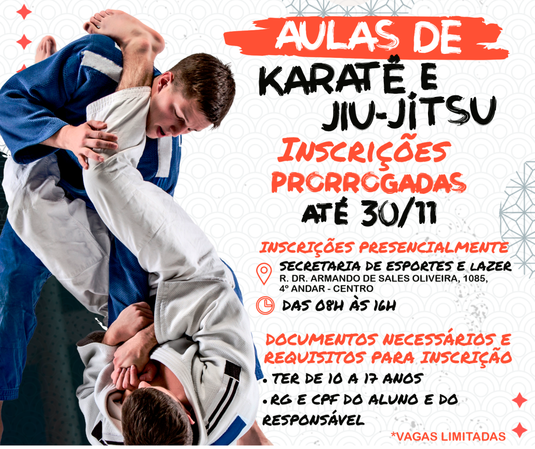 Secretaria de Esportes e Lazer oferece aulas de Jiu-jitsu e Karatê gratuitas para jovens de 10 a 17 anos