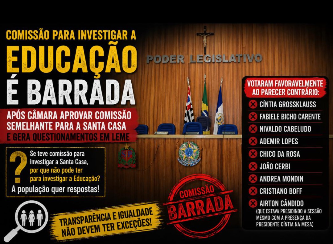 COMISSÃO PARA INVESTIGAR A EDUCAÇÃO É BARRADA APÓS CÂMARA APROVAR COMISSÃO SEMELHANTE PARA A SANTA CASA E GERA QUESTIONAMENTOS EM LEME