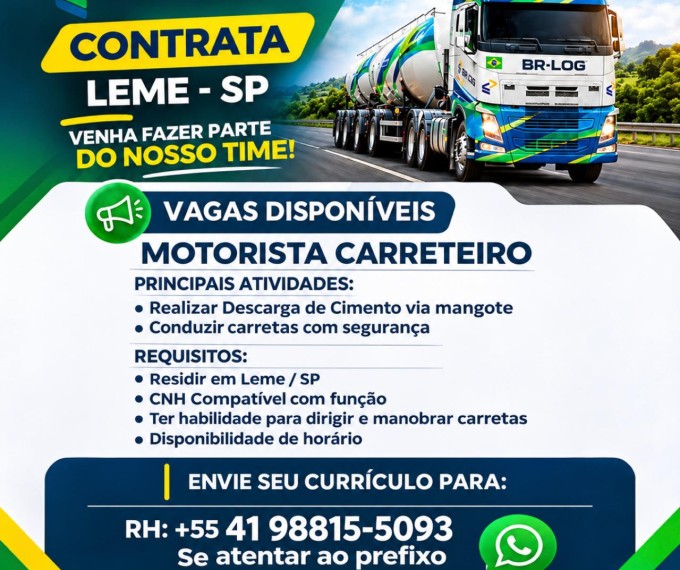 BR-LOG ABRE VAGAS PARA MOTORISTA CARRETEIRO EM LEME – CONFIRA OS REQUISITOS E SAIBA COMO SE CANDIDATAR